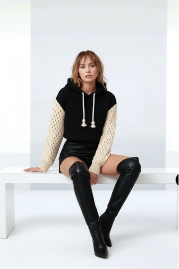 Kadın Kolları Triko File Örgü Şık Tasarım Crop Boy Kapüşonlu Sweatshirt Kazak