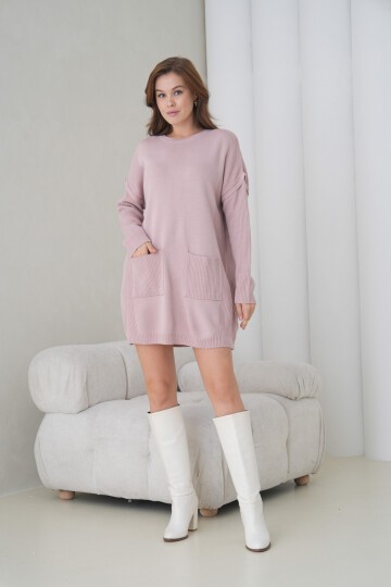 Kadın Kolları Uzun Kendinden Dokulu Bisiklet Yaka Tunik Boy Şık Kışlık Triko Kazak Cepli Elbise