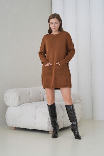 Kadın Kolları Uzun Kendinden Dokulu Bisiklet Yaka Tunik Boy Şık Kışlık Triko Kazak Cepli Elbise