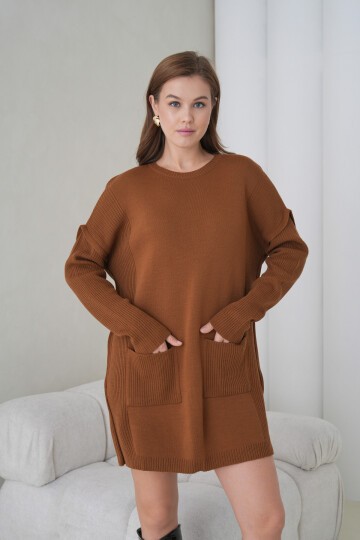 Kadın Kolları Uzun Kendinden Dokulu Bisiklet Yaka Tunik Boy Şık Kışlık Triko Kazak Cepli Elbise