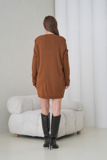 Kadın Kolları Uzun Kendinden Dokulu Bisiklet Yaka Tunik Boy Şık Kışlık Triko Kazak Cepli Elbise