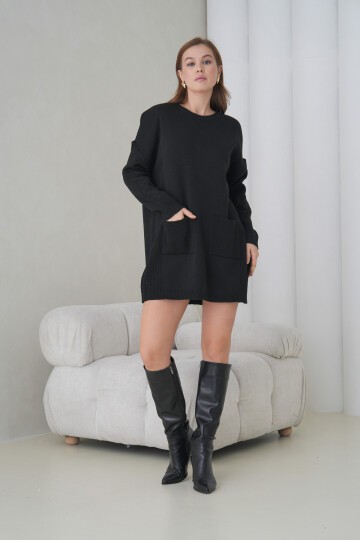 Kadın Kolları Uzun Kendinden Dokulu Bisiklet Yaka Tunik Boy Şık Kışlık Triko Kazak Cepli Elbise