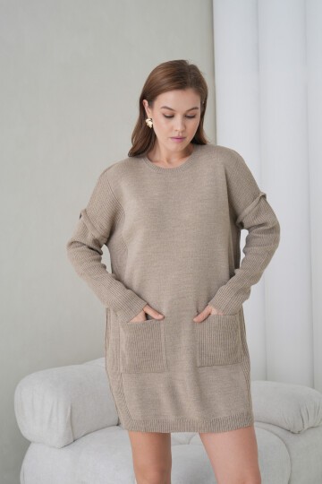 Kadın Kolları Uzun Kendinden Dokulu Bisiklet Yaka Tunik Boy Şık Kışlık Triko Kazak Cepli Elbise