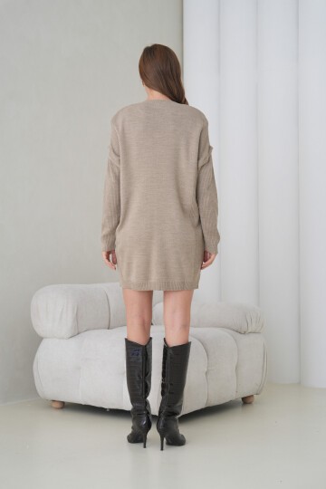 Kadın Kolları Uzun Kendinden Dokulu Bisiklet Yaka Tunik Boy Şık Kışlık Triko Kazak Cepli Elbise