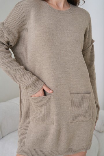 Kadın Kolları Uzun Kendinden Dokulu Bisiklet Yaka Tunik Boy Şık Kışlık Triko Kazak Cepli Elbise