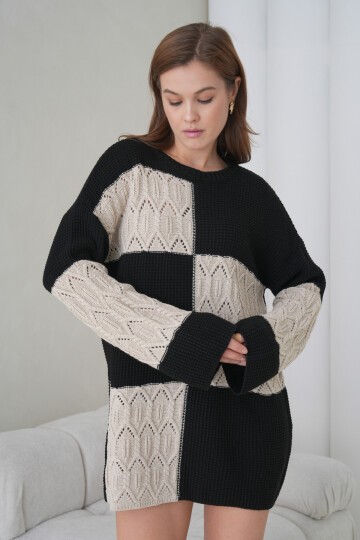 Kadın Kolları Uzun Kendinden Dokulu Bisiklet Yaka Tunik Boy Şık Kışlık Triko Kazak Cepli Elbise