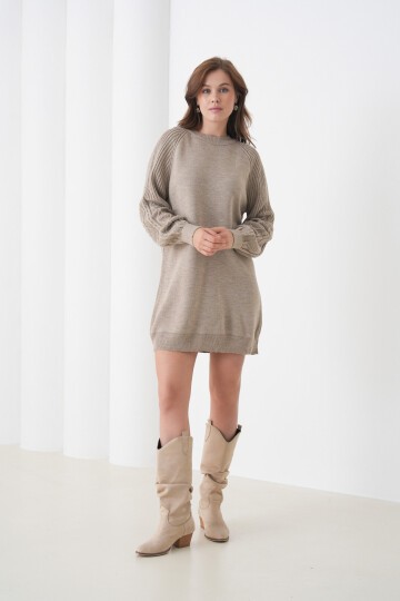 Kadın Kolları Uzun Kendinden Dokulu Bisiklet Yaka Tunik Boy Şık Kışlık Triko Kazak