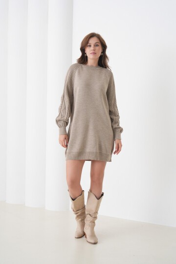 Kadın Kolları Uzun Kendinden Dokulu Bisiklet Yaka Tunik Boy Şık Kışlık Triko Kazak