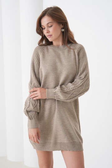 Kadın Kolları Uzun Kendinden Dokulu Bisiklet Yaka Tunik Boy Şık Kışlık Triko Kazak