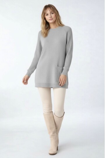 Kadın Kolları Uzun Kendinden Dokulu Bisiklet Yaka Tunik Boy Şık Kışlık Triko Büyük Beden Kazak