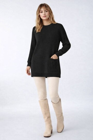 Kadın Kolları Uzun Kendinden Dokulu Bisiklet Yaka Tunik Boy Şık Kışlık Triko Büyük Beden Kazak