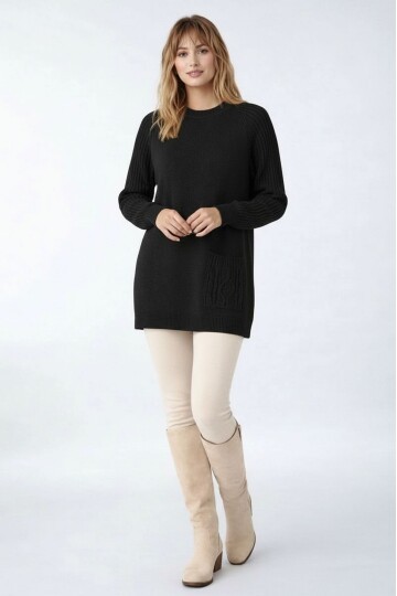 Kadın Kolları Uzun Kendinden Dokulu Bisiklet Yaka Tunik Boy Şık Kışlık Triko Büyük Beden Kazak