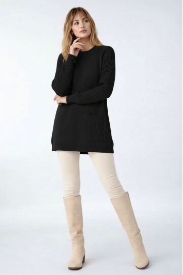 Kadın Kolları Uzun Kendinden Dokulu Bisiklet Yaka Tunik Boy Şık Kışlık Triko Büyük Beden Kazak