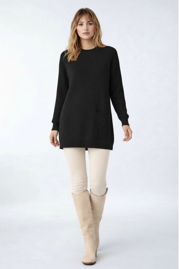 Kadın Kolları Uzun Kendinden Dokulu Bisiklet Yaka Tunik Boy Şık Kışlık Triko Büyük Beden Kazak