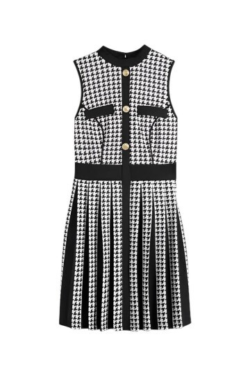 Kadın Kolsuz Çan Etek Kazayağı Desen Düğme Detay Büyük Beden Curve Şık Boy Elbise