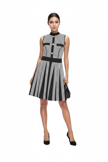 Kadın Kolsuz Çan Etek Kazayağı Desen Düğme Detay Büyük Beden Curve Şık Boy Elbise