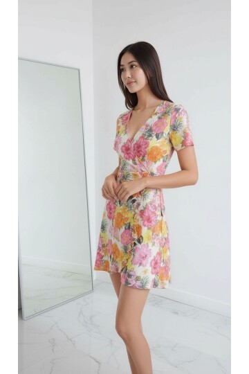 Kadın Kruvaze Yaka Volanlı Etek Bele Oturan Desenli Casual Şık  Mini Elbise