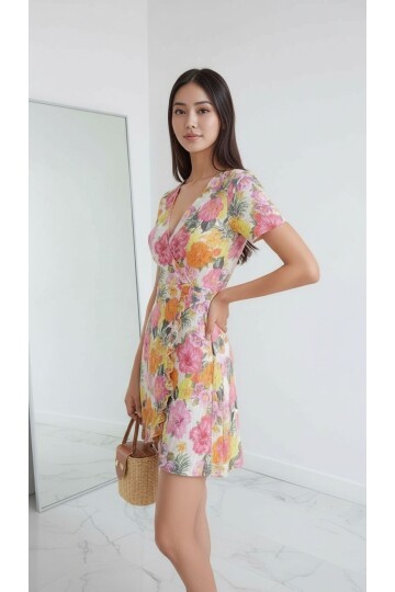 Kadın Kruvaze Yaka Volanlı Etek Bele Oturan Desenli Casual Şık  Mini Elbise
