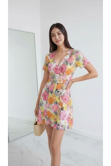 Kadın Kruvaze Yaka Volanlı Etek Bele Oturan Desenli Casual Şık  Mini Elbise