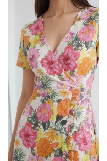 Kadın Kruvaze Yaka Volanlı Etek Bele Oturan Desenli Casual Şık  Mini Elbise