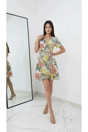 Kadın Kruvaze Yaka Volanlı Etek Bele Oturan Desenli Casual Şık  Mini Elbise