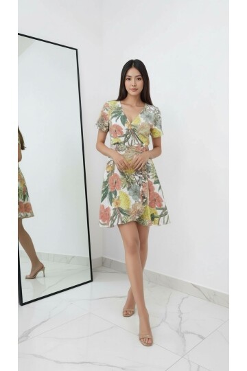 Kadın Kruvaze Yaka Volanlı Etek Bele Oturan Desenli Casual Şık  Mini Elbise