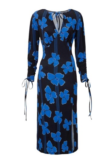 Kadın Yaka Bağlamalı Mavi Çiçek Desen Büzgü Kol Detaylı Şık Siyah Curve Elbise