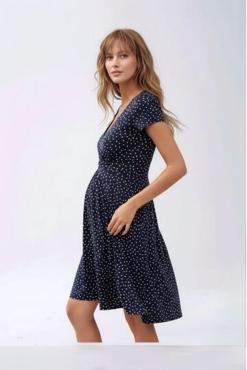 Kadın Önden Düğümlü Viskon Puantiyeli Spor Şık Hamile Elbisesi