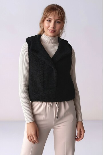 Kadın Önü Çıtçıtlı Kapüşonlu Yan Cepli Tasarım Yaka Spor Şık Crop Peluş Yelek