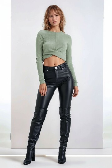 Kadın Önü Düğüm Model Uzun Kol Spor Şık Curve Mint Yeşil Coptop Bluz