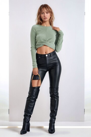 Kadın Önü Düğüm Model Uzun Kol Spor Şık Curve Mint Yeşil Coptop Bluz