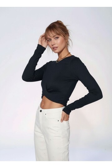 Kadın Önü Düğüm Model Uzun Kol Spor Şık Curve Siyah Coptop Bluz