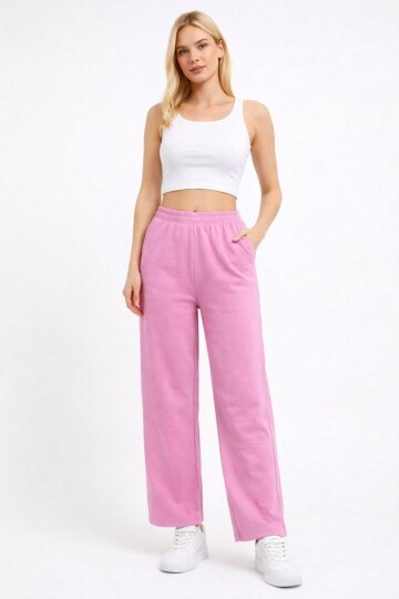 Kadın Orta Yüksek Bel Boru Paça Pamuklu Cepli Lastikli Spor Şık Eşofman Altı