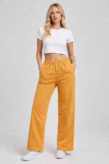 Kadın Orta Yüksek Bel Boru Paça Pamuklu Cepli Lastikli Spor Şık Eşofman Altı