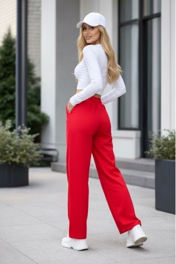 Kadın Yüksek Bel Boru Paça Pamuklu Cepli Lastikli Spor Şık Eşofman Altı