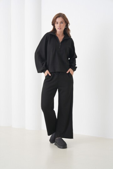 Kadın Oversize Fermuarlı Kapüşonlu Sweatshirt Geniş Paça Tesettüre Uygun Spor Şık Eşofman Takımı