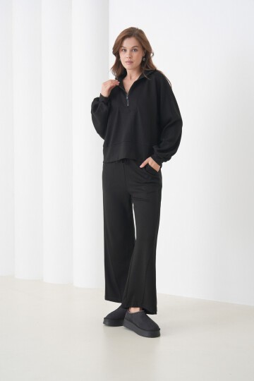 Kadın Oversize Fermuarlı Kapüşonlu Sweatshirt Geniş Paça Tesettüre Uygun Spor Şık Eşofman Takımı