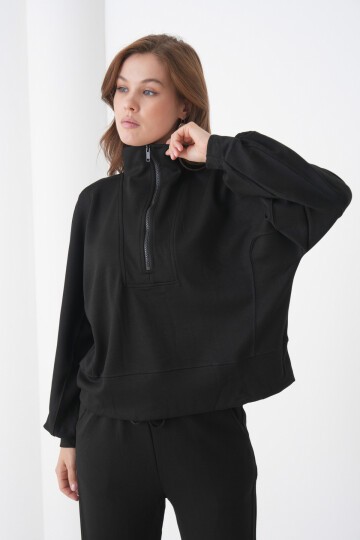 Kadın Oversize Fermuarlı Kapüşonlu Sweatshirt Geniş Paça Tesettüre Uygun Spor Şık Eşofman Takımı