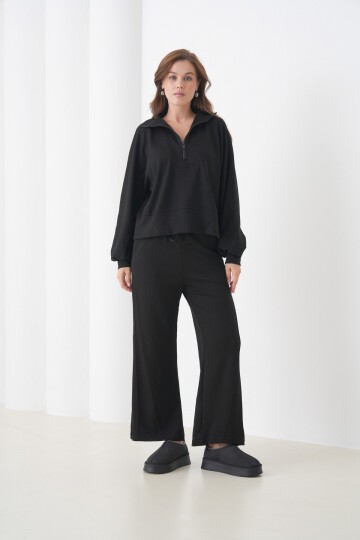 Kadın Oversize Fermuarlı Kapüşonlu Sweatshirt Geniş Paça Tesettüre Uygun Spor Şık Eşofman Takımı