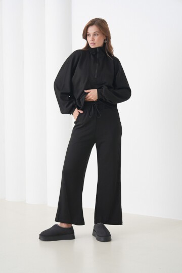 Kadın Oversize Fermuarlı Kapüşonlu Sweatshirt Geniş Paça Tesettüre Uygun Spor Şık Eşofman Takımı