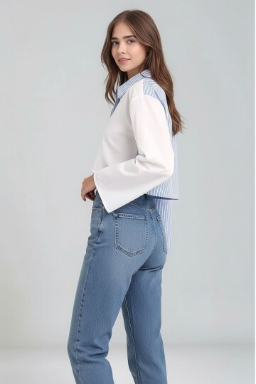 Kadın Özel Tasarım Asimetrik Kesim Düğmeli Çizgi Garnili Crop Boy Gömlek