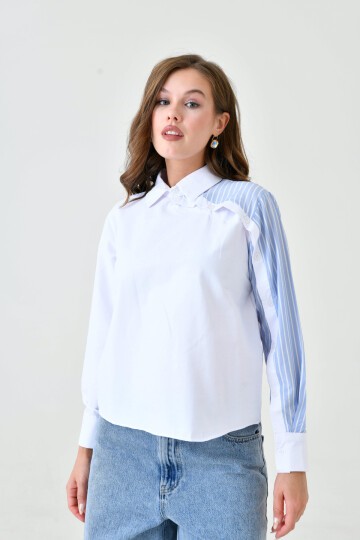 Kadın Özel Tasarım Yaka Kol Düğmeli Çizgi Garnili Tesettüre Uygun Bluz Gömlek