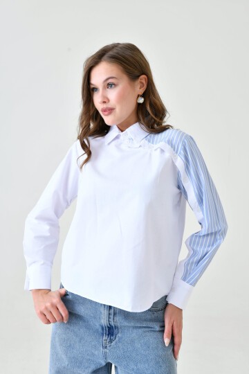 Kadın Özel Tasarım Yaka Kol Düğmeli Çizgi Garnili Tesettüre Uygun Bluz Gömlek