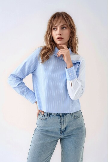 Kadın Özel Tasarım Yaka Koldan Düğmeli Çift Renk Crop Boy Bluz Kısa Gömlek