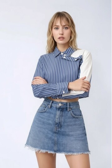 Kadın Özel Tasarım Yaka Koldan Düğmeli Çift Renk Crop Boy Bluz Kısa Gömlek