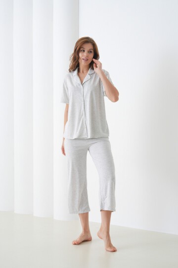 Kadın Pamuk Gömlek Kapri Şık Casual Curve Alt Üst Gecelik Takımı