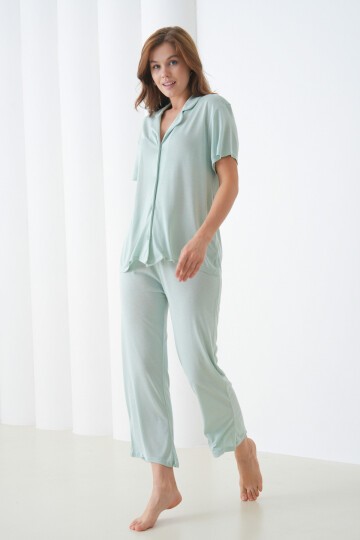 Kadın Pamuk Gömlek Kapri Şık Casual Curve Alt Üst Gecelik Takımı