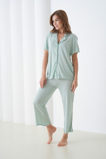 Kadın Pamuk Gömlek Kapri Şık Casual Curve Alt Üst Gecelik Takımı