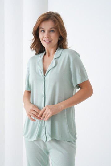 Kadın Pamuk Gömlek Kapri Şık Casual Curve Alt Üst Gecelik Takımı