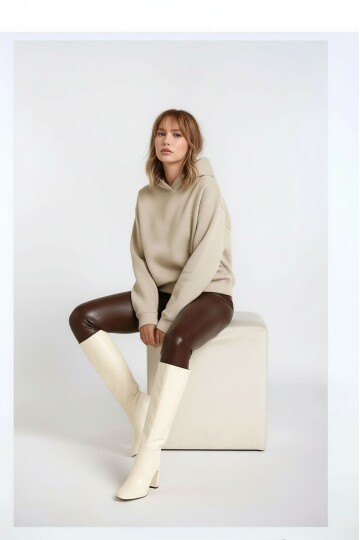 Kadın 3 İplik Kalın Kapüşonlu Oversize Curve Kalıp Uzun Kol Sweatshirt Kazak